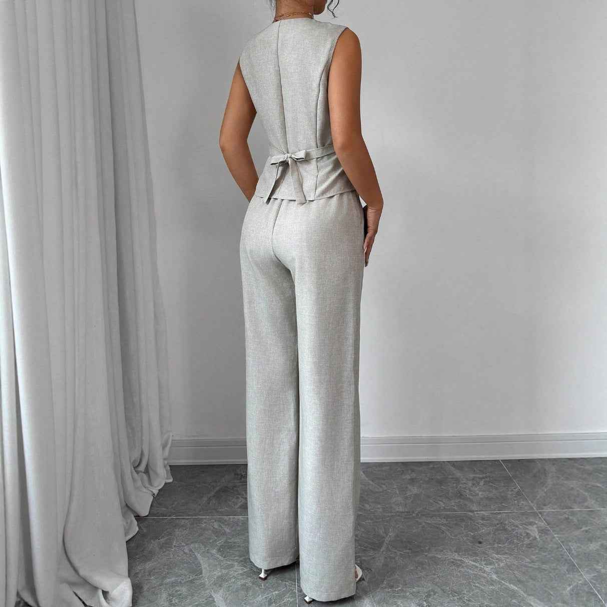 Women's Long-Sleeve Top & Full-Length Pants Co-Ord Set — Light Gray
