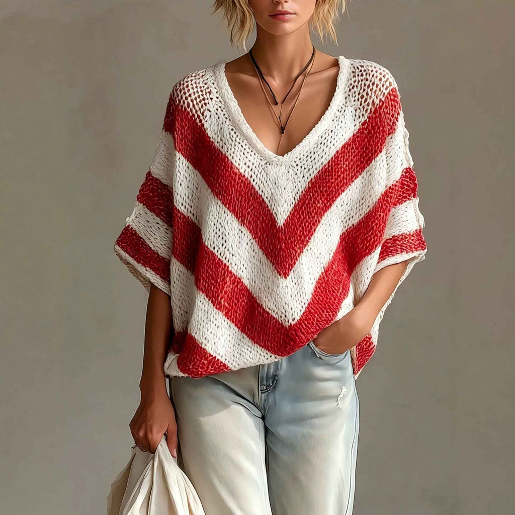 Drop Shoulder Knit Sweater – Loose Fit Three-Quarter Sleeve