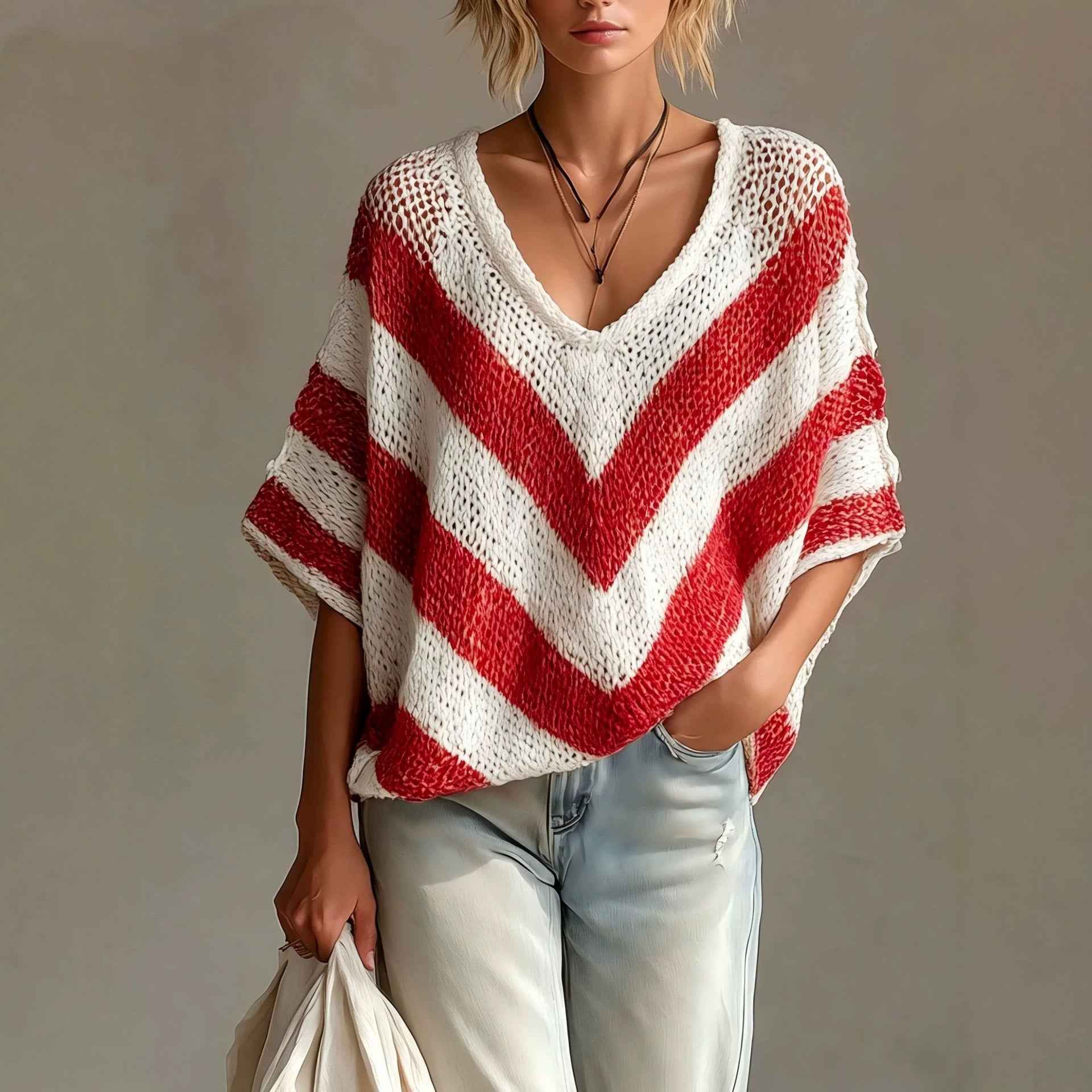 Drop Shoulder Knit Sweater – Loose Fit Three-Quarter Sleeve
