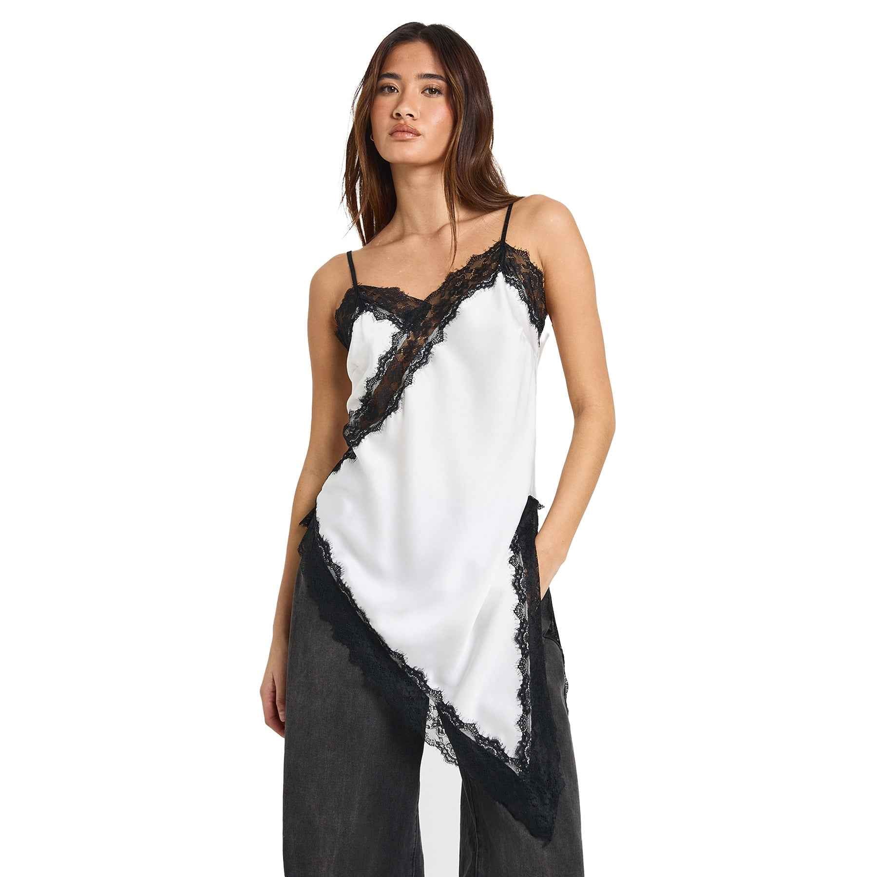 Asymmetric Lace-Trim Satin Slip Midi Dress