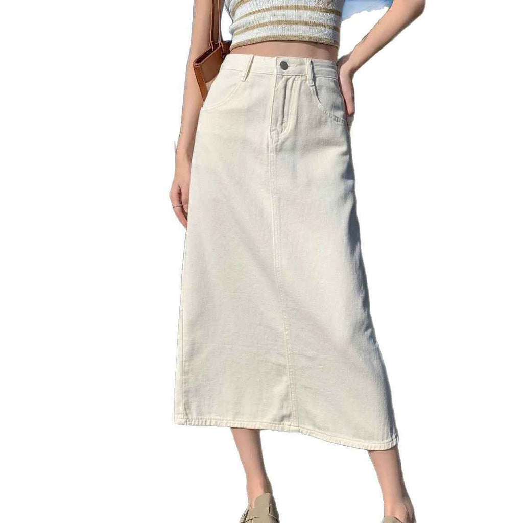 Beige Denim A-Line Midi Skirt