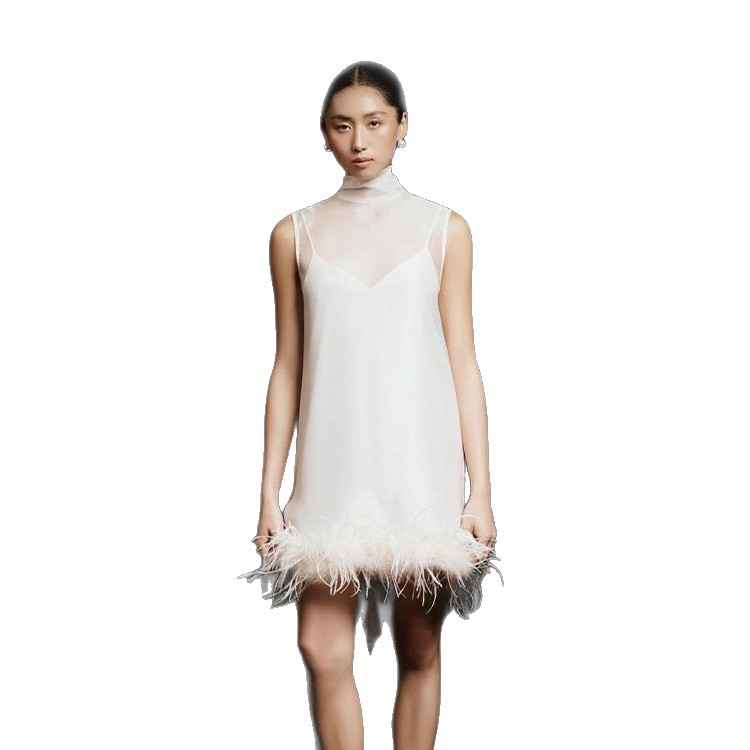 Solid-color Crew-neck Short Dress With Feather Detailing For A Luxe Look