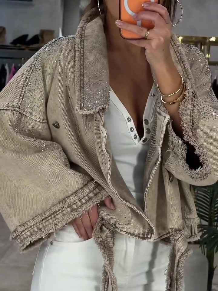 Rhinestone Frayed Wrap Cropped Denim Jacket