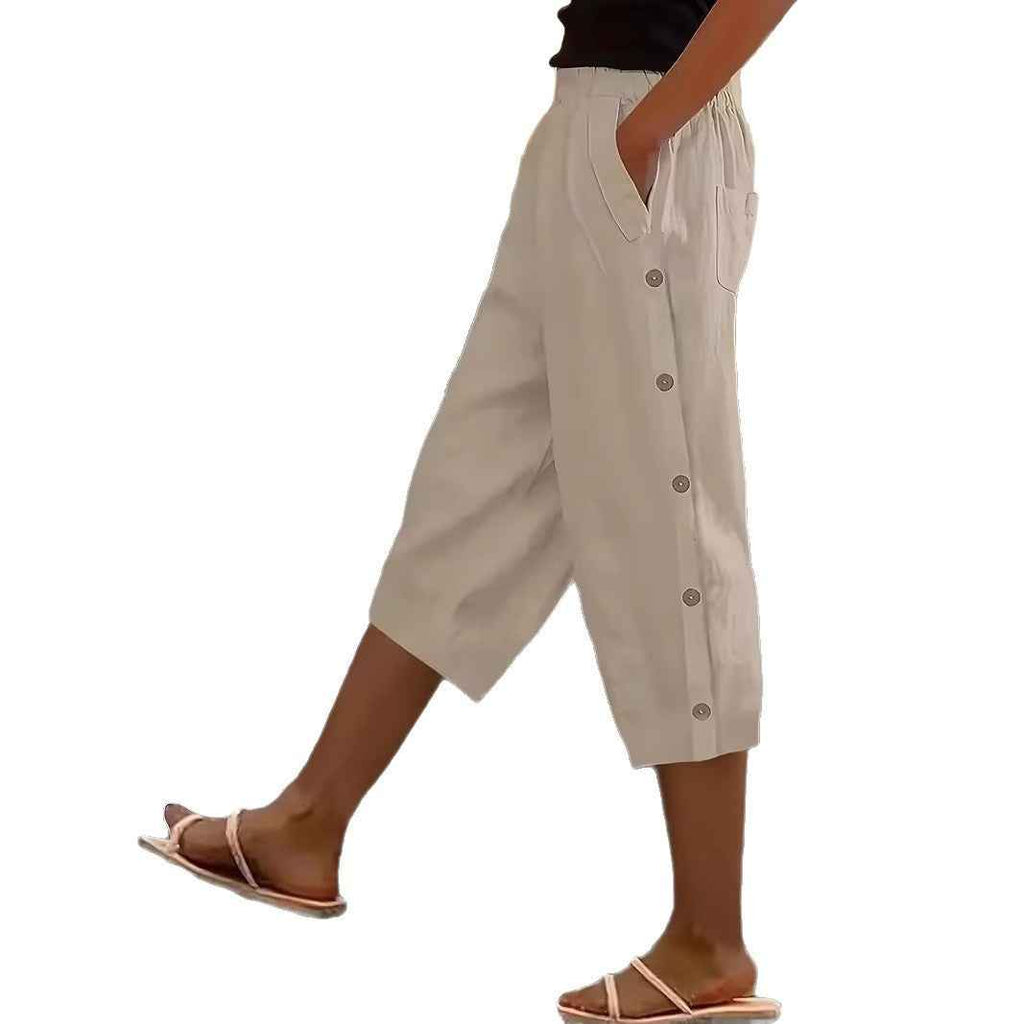 Women's High-Waist Solid Colour Cropped Trousers with Pockets