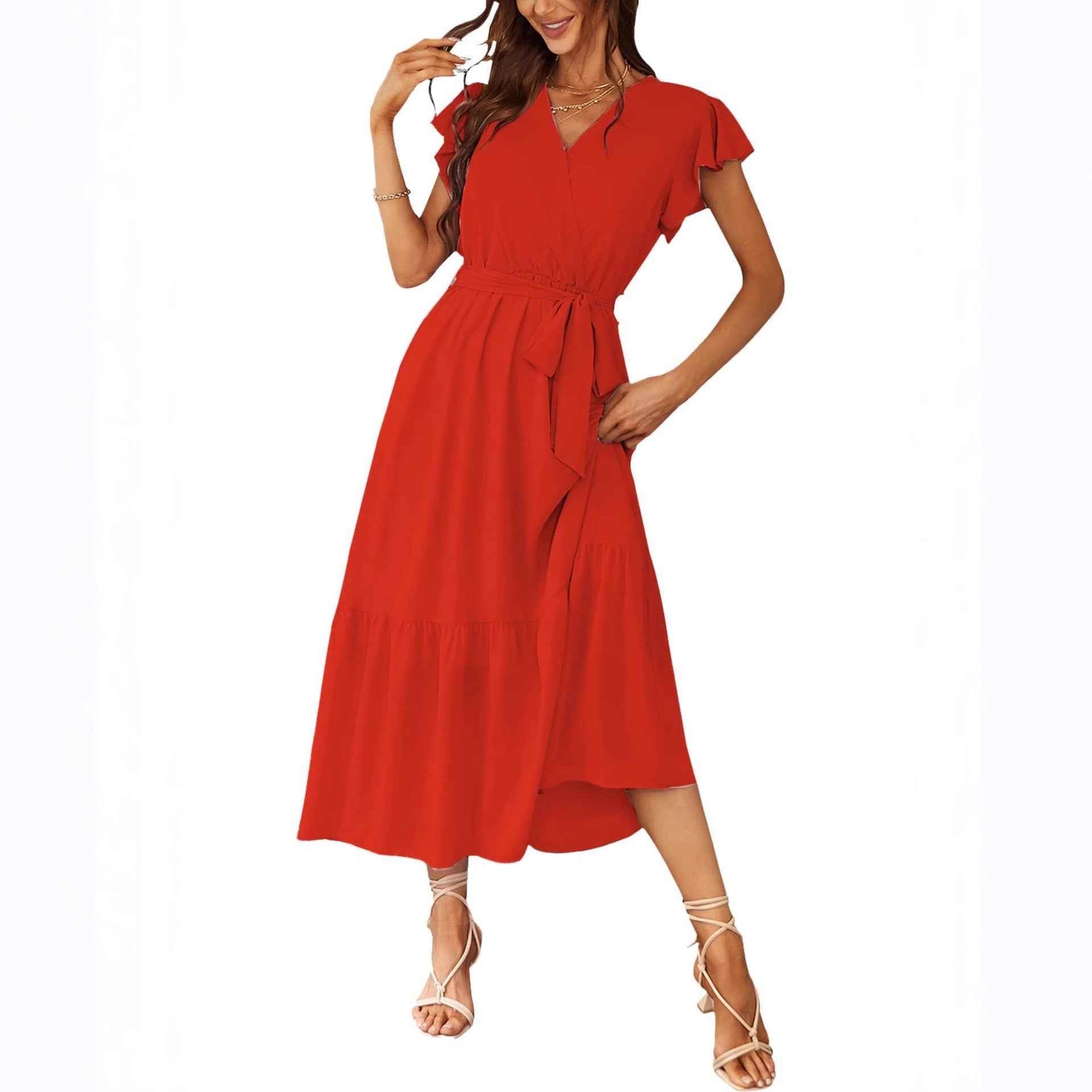 Womens Floral Print Flounce Short-Sleeve Midi Dress
