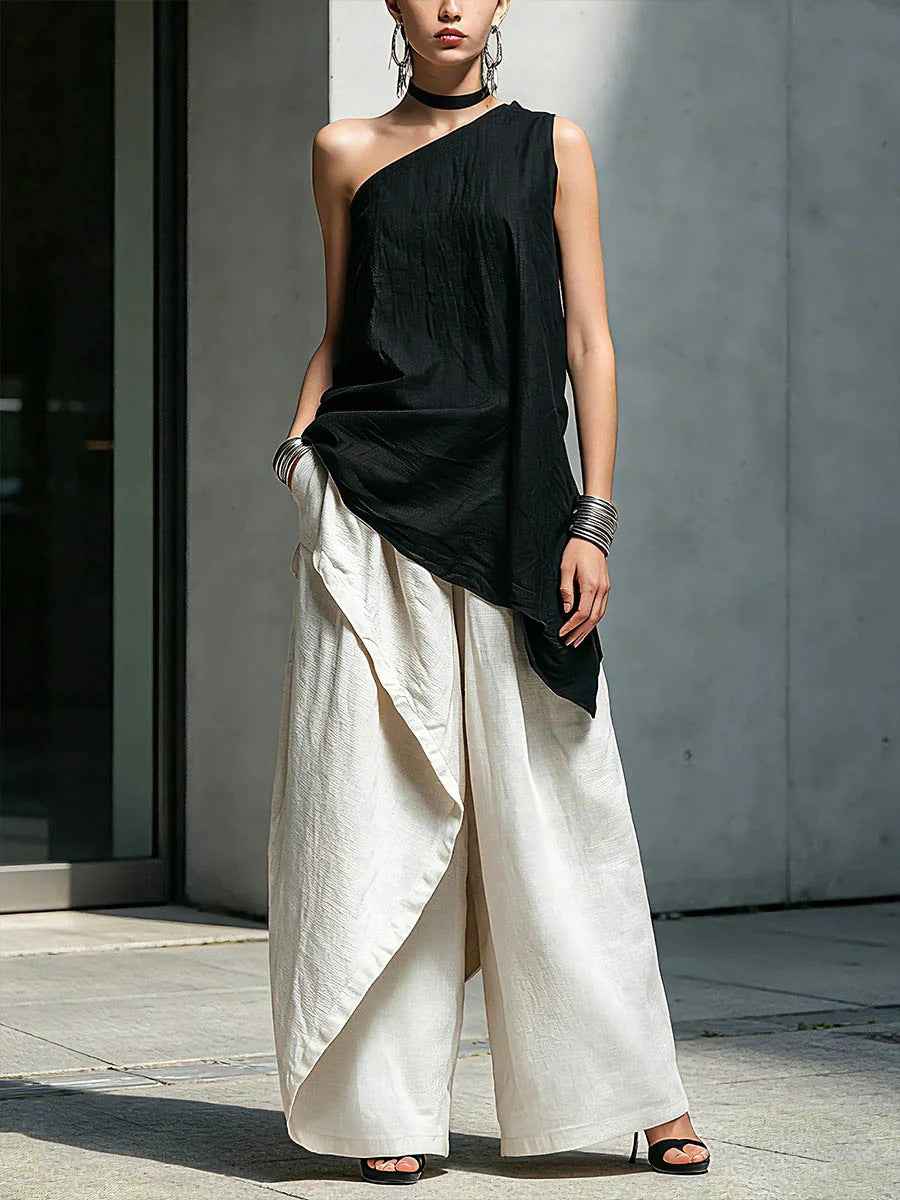 Women's Asymmetric One-Shoulder Pleated Cotton-Linen Top