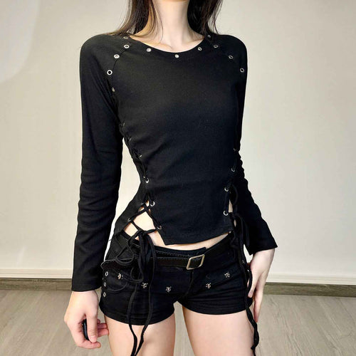 Black Ribbed Lace-Up Drawstring Top