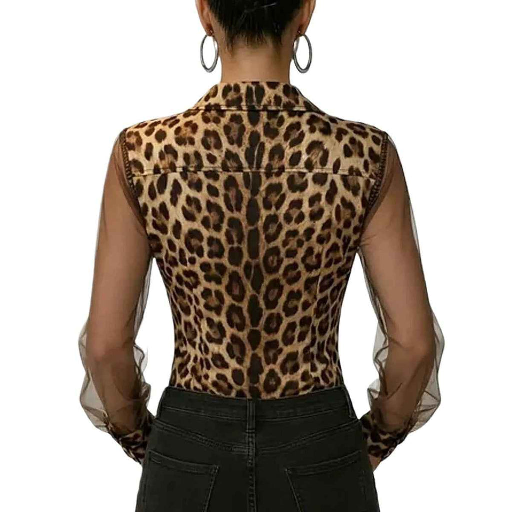 Women's Leopard Print Mesh Patchwork Cardigan with Pockets — 3 Colours