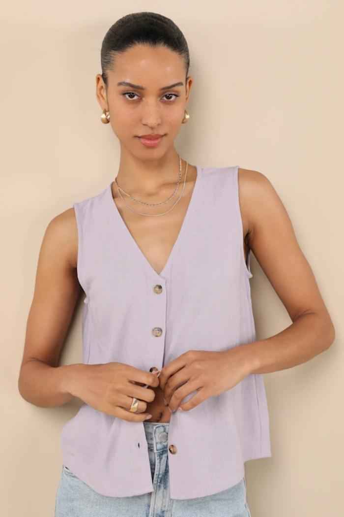 Solid-color Linen V-neck Sleeveless Button-up Top