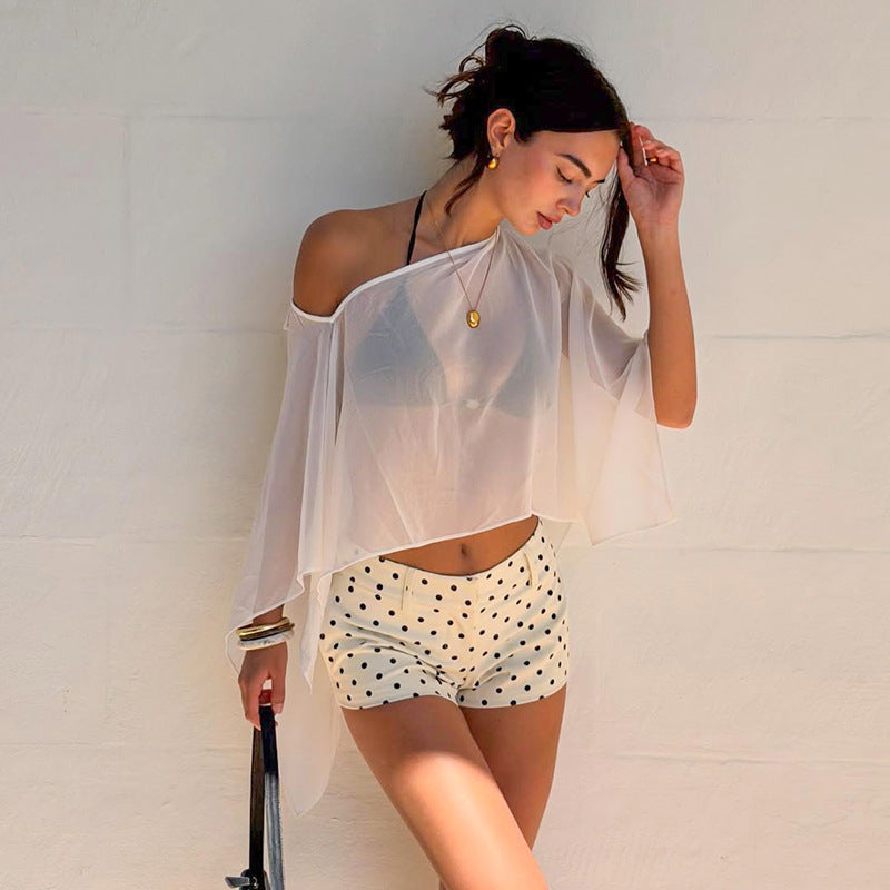 Pearl Chiffon Off-Shoulder Sleeveless Loose-Fit Top