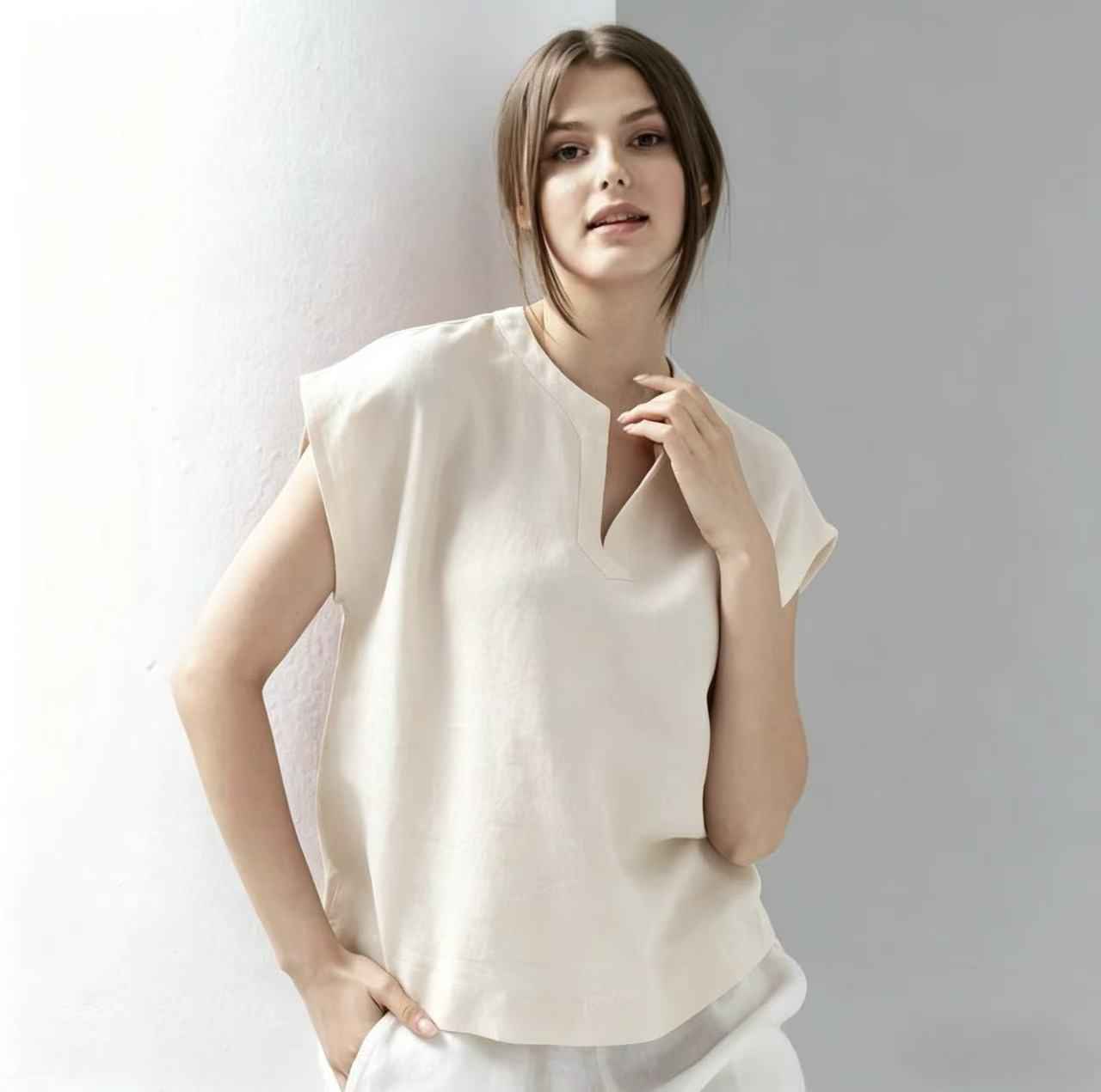 V-Neck Linen Short Sleeve Pullover Top
