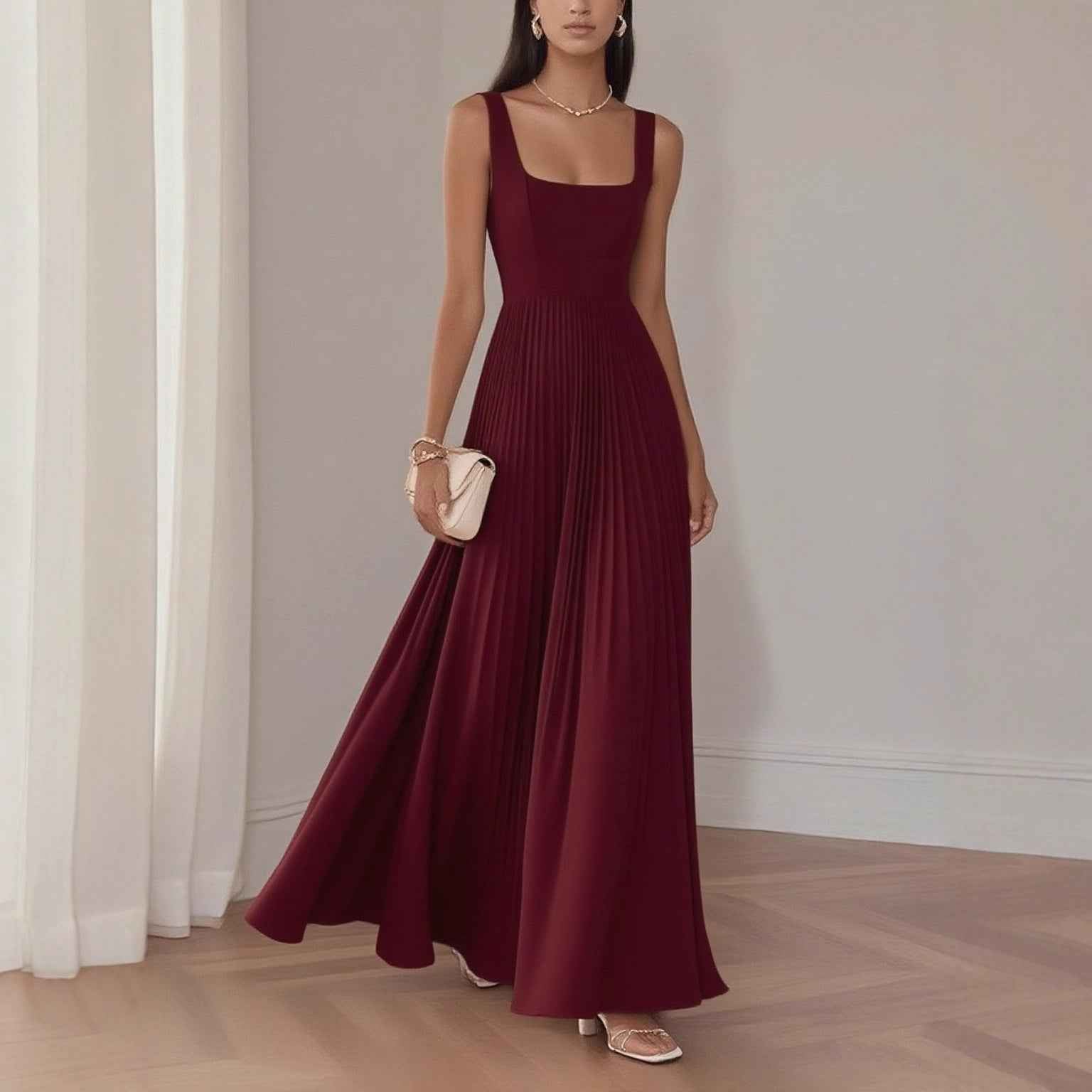 Elegant Pleated Midi Dress – A-Line Sleeveless Patchwork