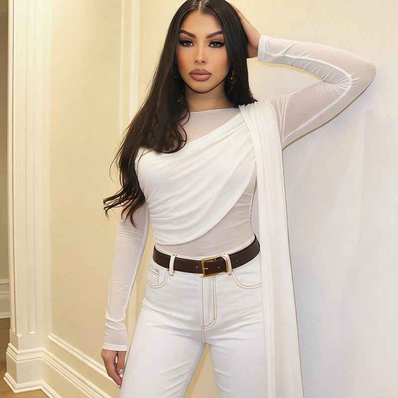 Off-Shoulder Mesh-Panel Sexy Long-Sleeve Top