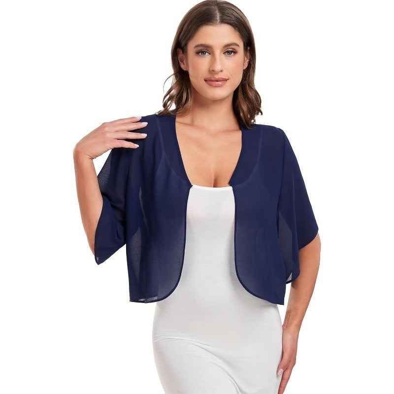New Womens Chiffon Top Solid Color Short Sleeves Open-front Lightweight