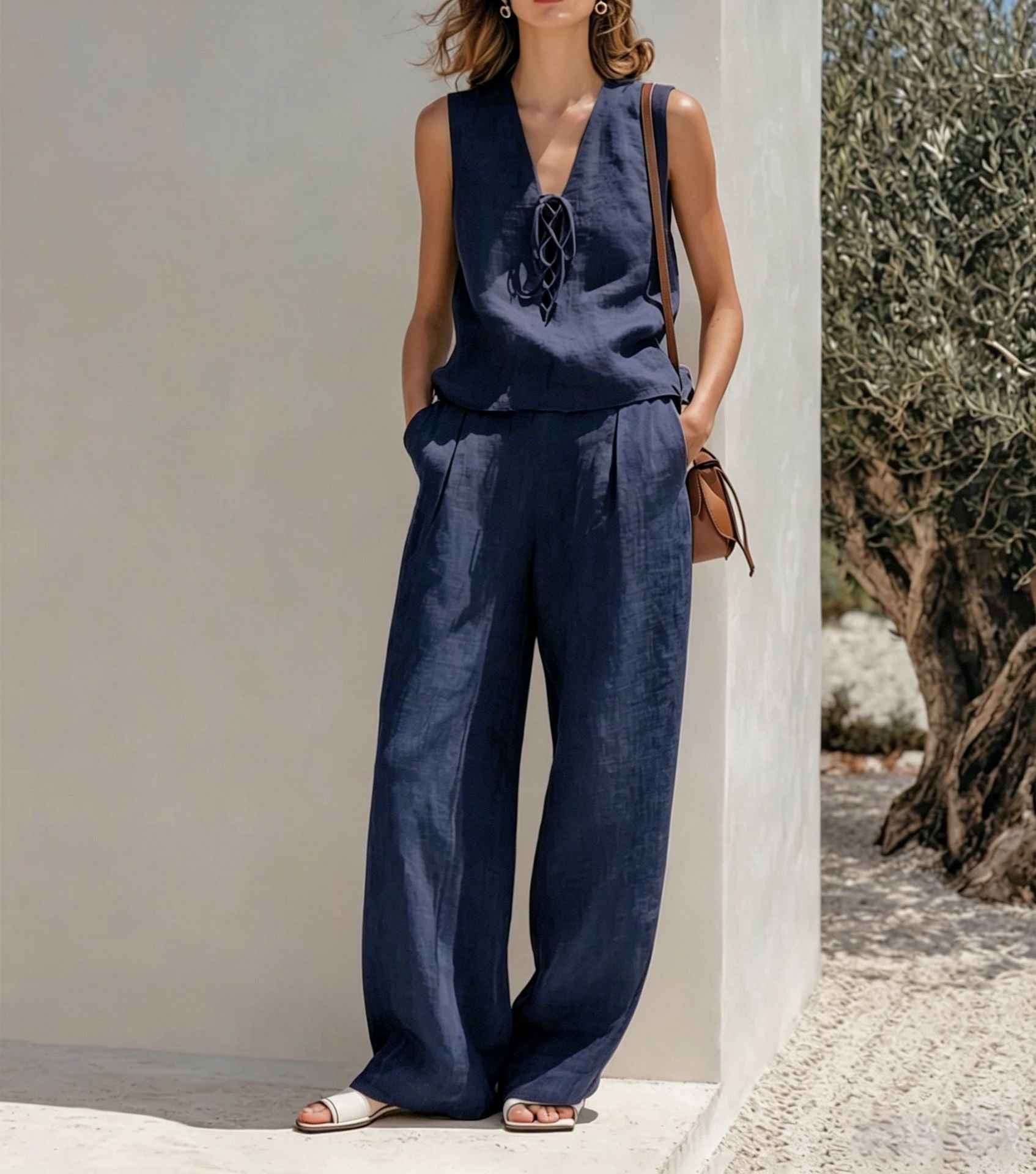 Linen Lace-Up Sleeveless Vest & Wide-Leg Pants Set