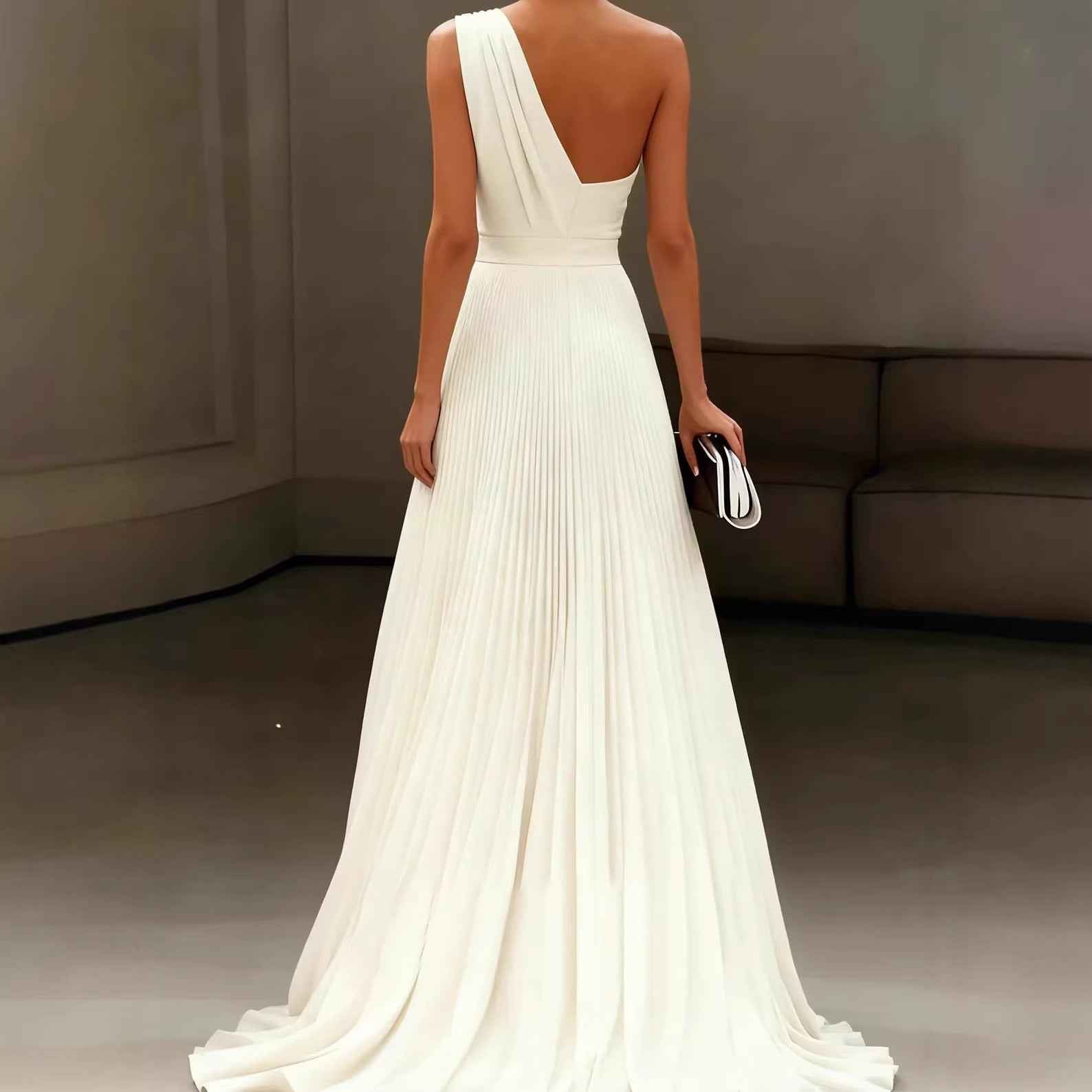 Women's Asymmetric One-Shoulder Pleated Maxi Gown — White
