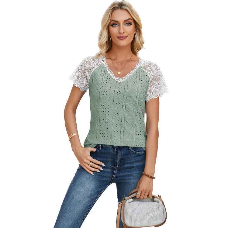 Eyelet Lace-Trim V-Neck Top