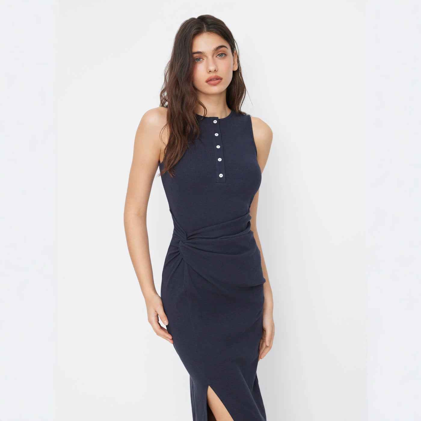 Sleeveless Buttoned Elegant Knitted Dress For Women