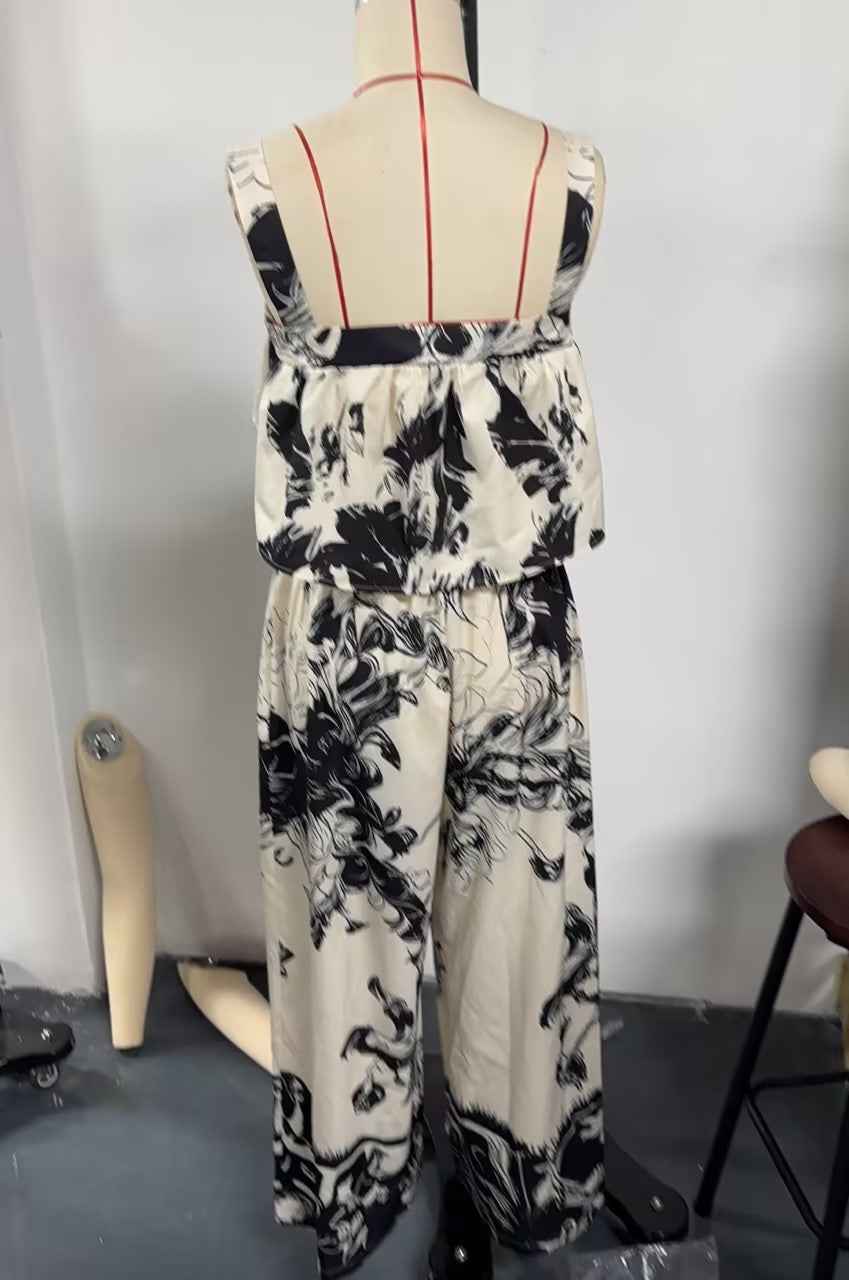 Black & Beige Abstract Floral Print 2-Piece Crop Top & Wide Leg Pants Set