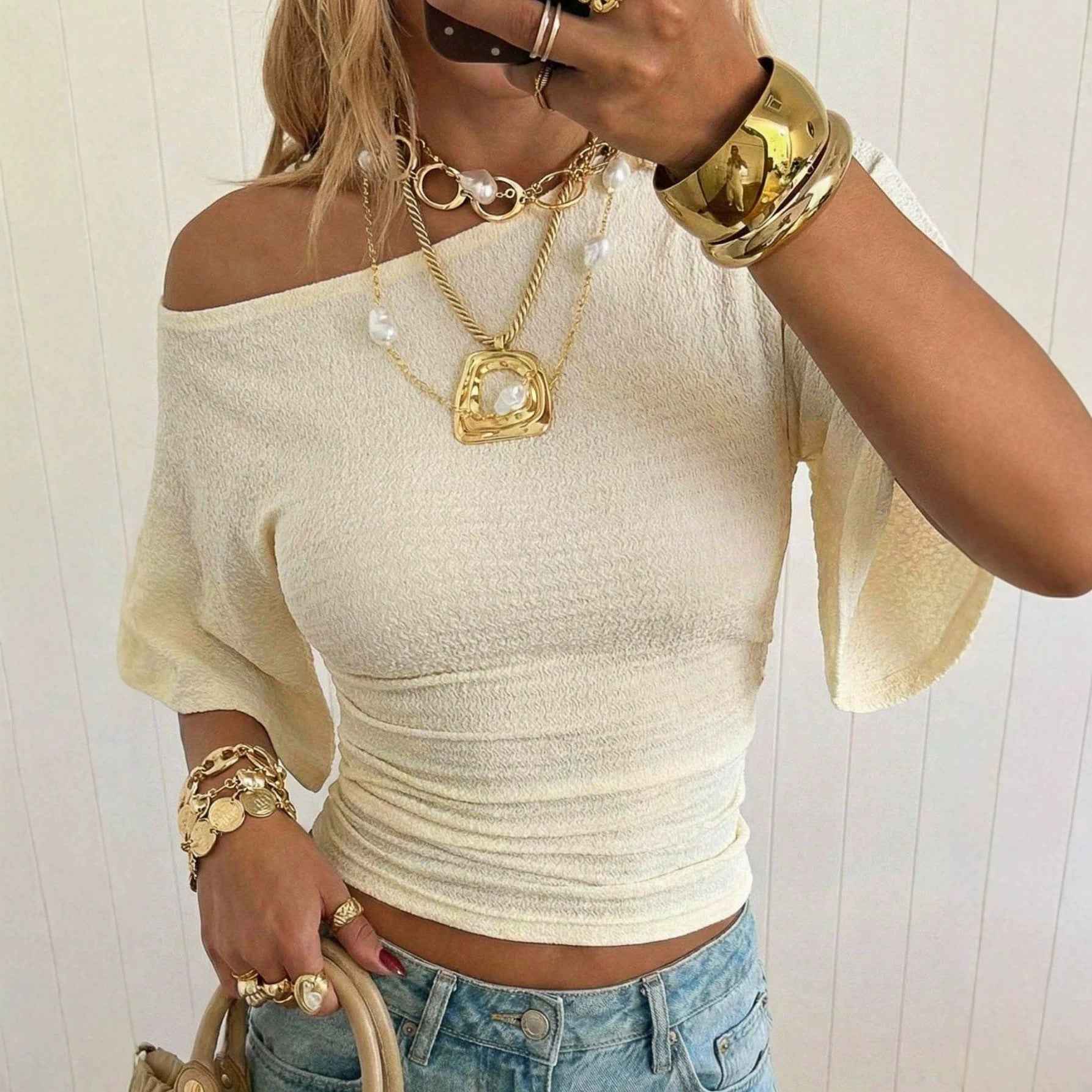 Off-Shoulder Flared Sleeve Slim-Fit Top
