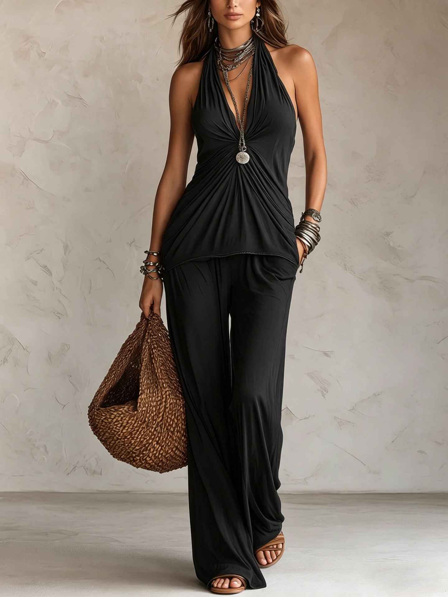 Sleeveless Halter Top And High-Waist Casual Pants Set