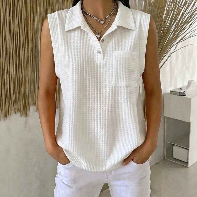 Womens Solid-color Knitted Polo-neck Sleeveless Shirt Vest