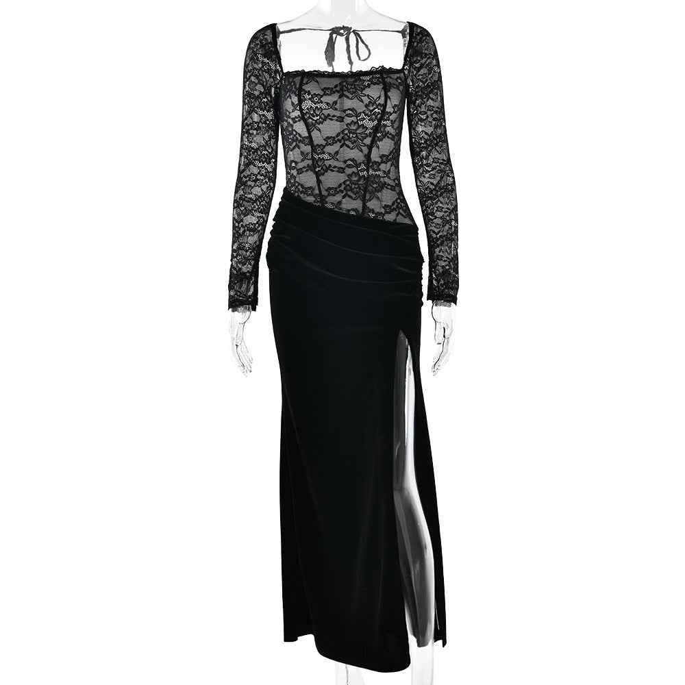 Long-Sleeve Patchwork Lace Demure Dress