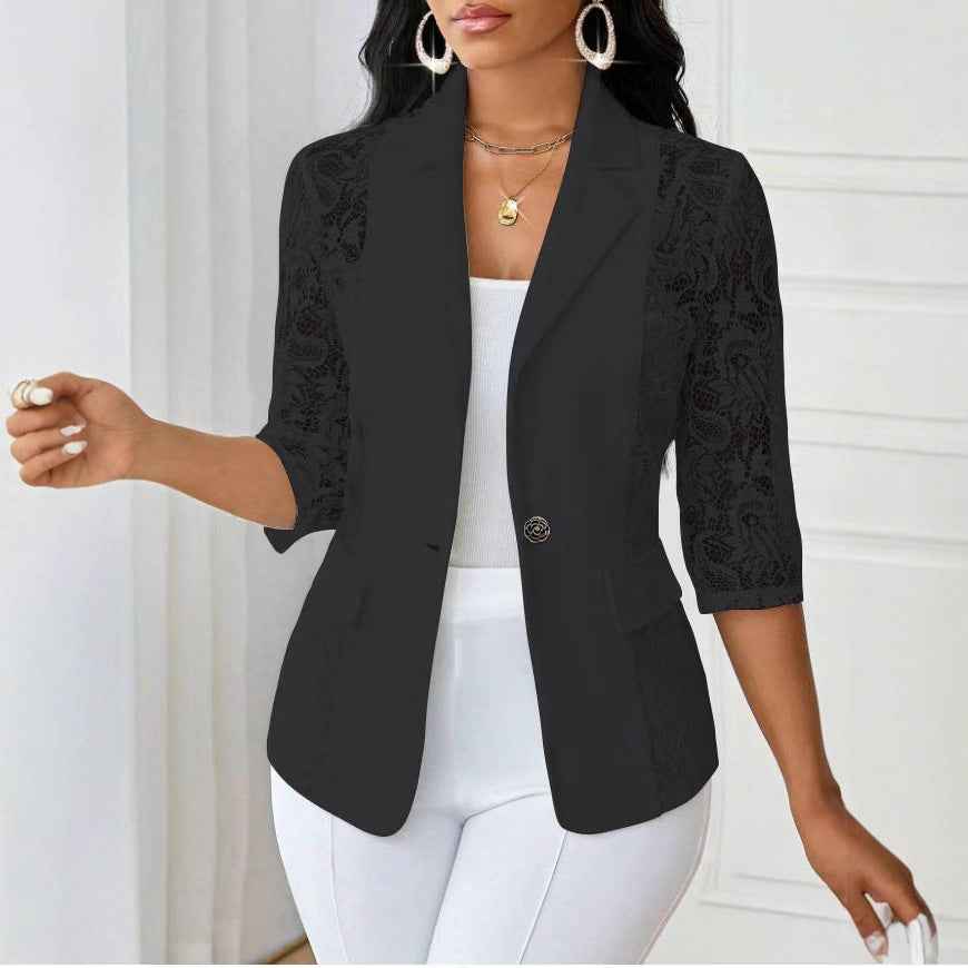 Women's Chiffon Blazer Top – Three-Quarter Sleeve Button Detail