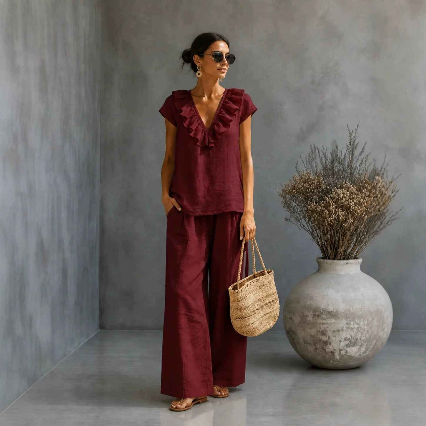V-Neck Ruffled Hem T-Shirt & Wide-Leg Pants Set — 4 Colours