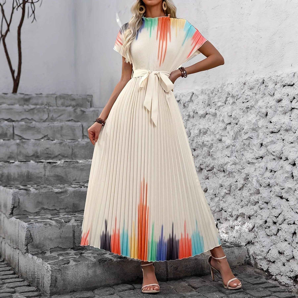 Women's Beige Lace-Up Pleated Midi Dress — Mock Neck & Raglan Sleeve