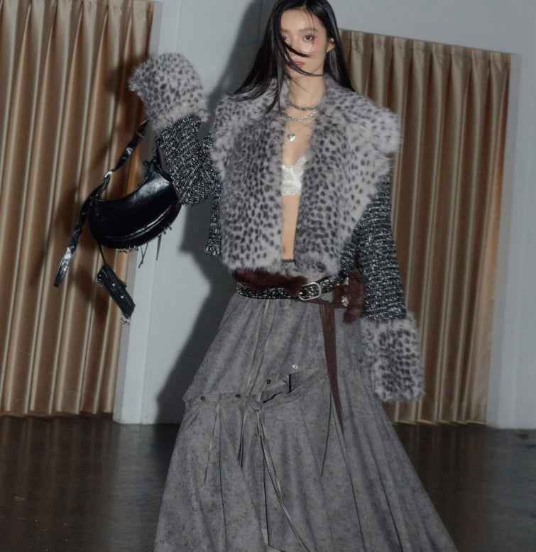 Leopard-Print Faux Fur Short Coat – Detachable Trim, Black