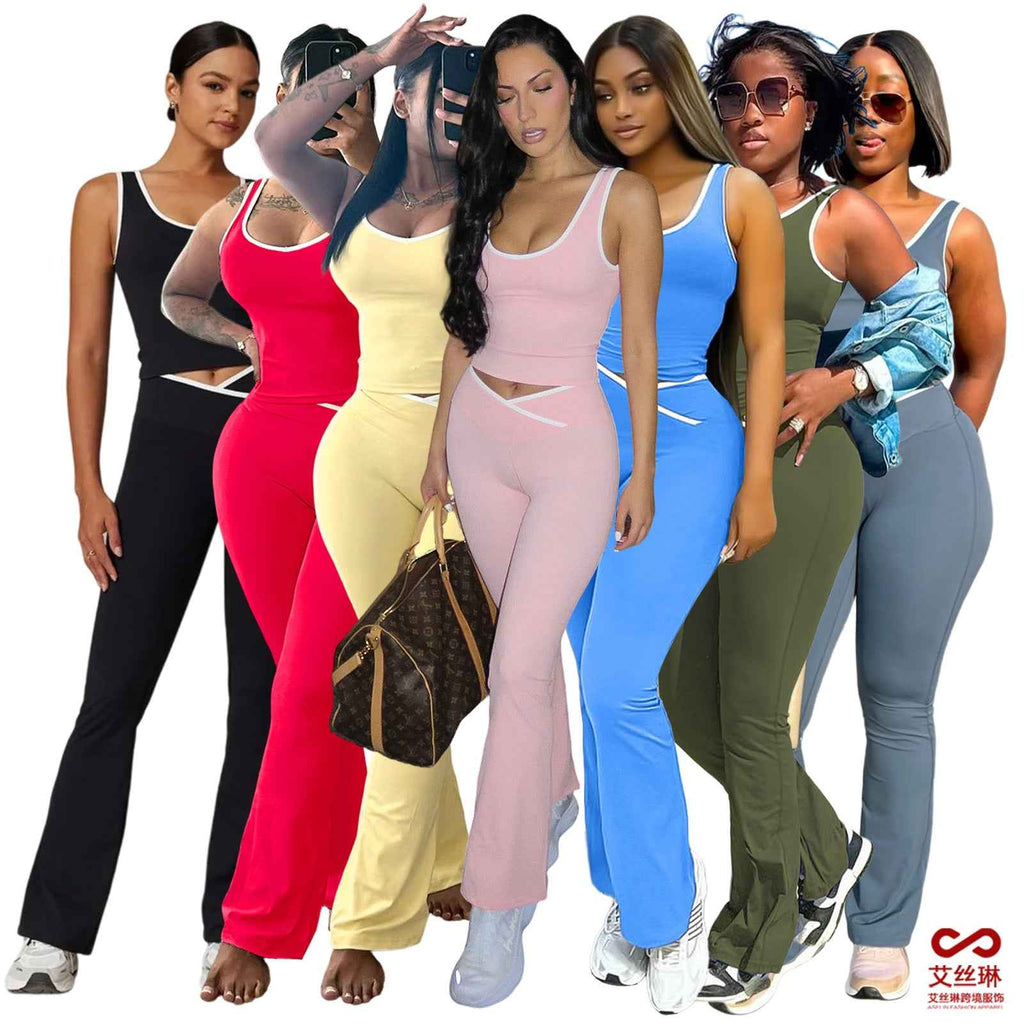 Womens Contrasting-Color Cross-Crotch Flare Pants Nude-Feel Yoga Two-Piece Set