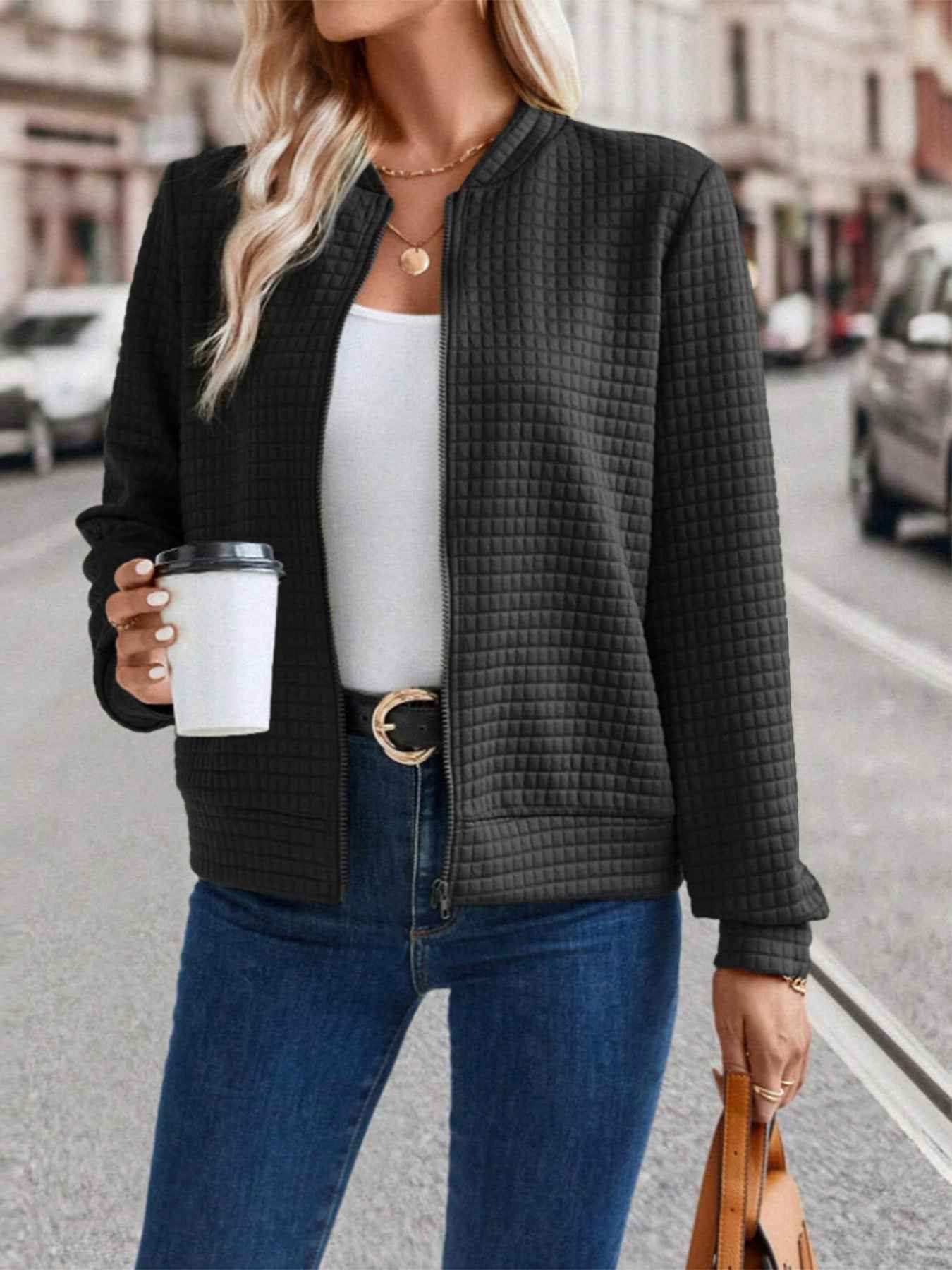 Women's Long Sleeve Zip-Up Solid Color Decorative Cardigan, Solid Casual Outerwear For Ladies