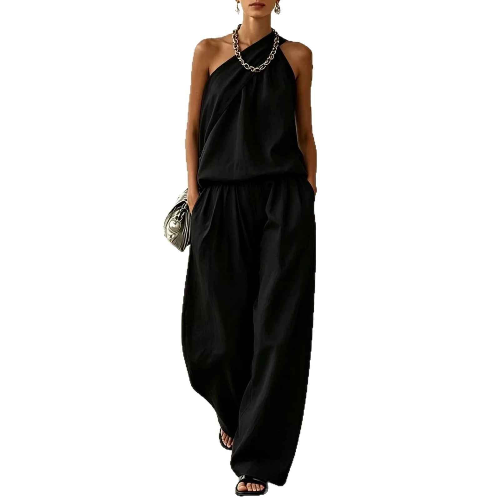 Cotton-Linen Pleated Sleeveless Double-Layer Top & Wide-Leg Pants Elegant Two-Piece Set