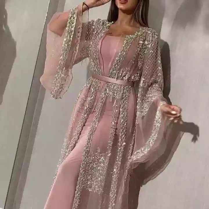 Lace Sequin Deep-V Maxi Evening Gown — Flared Sleeves, Black & Pink