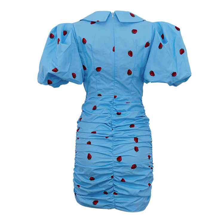 Strawberry Print Puff-Sleeve Pointed Collar Ruched Bodycon Mini Dress