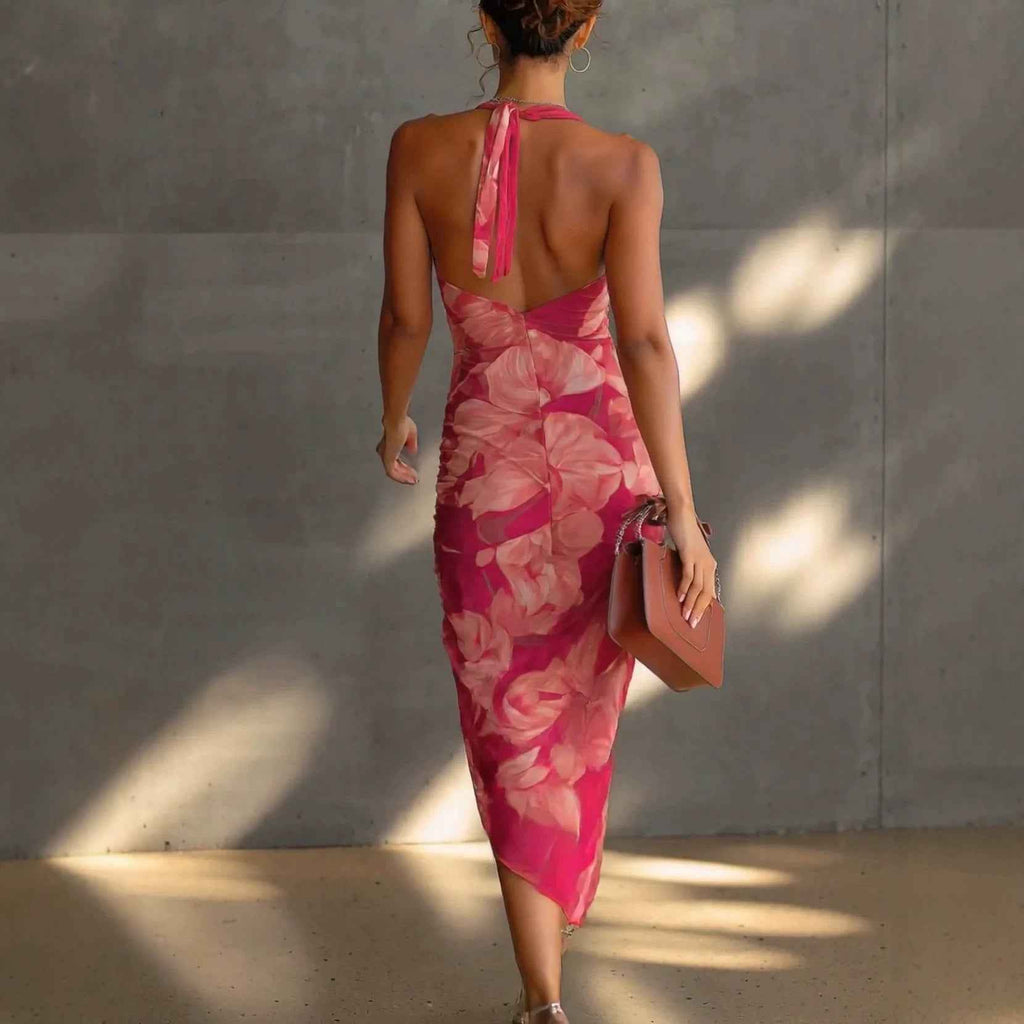 Strapless Backless High-Slit Dress — Printed High-Waist
