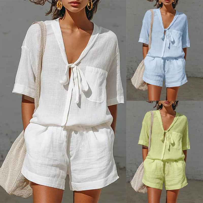 Lace-Up Shirt & Shorts Co-ord Set