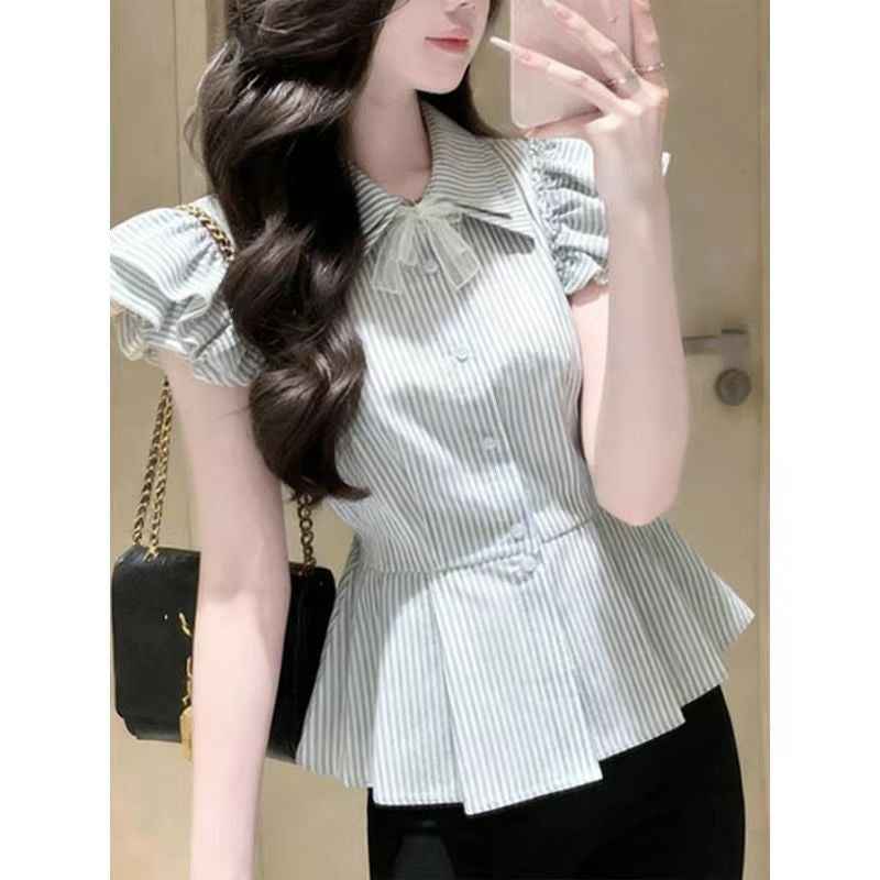 Women's Striped Satin Blouse — Flutter Sleeves, Mock Two-Piece