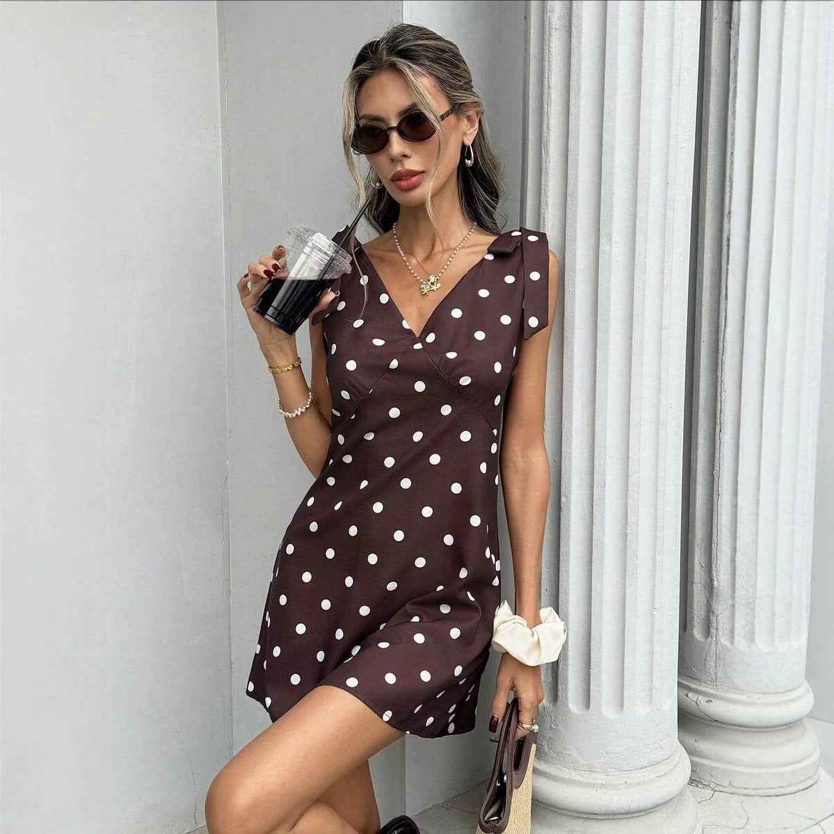 V-Neck Mini Dress with Bow-Tie Detail – Sleeveless, Slim Fit
