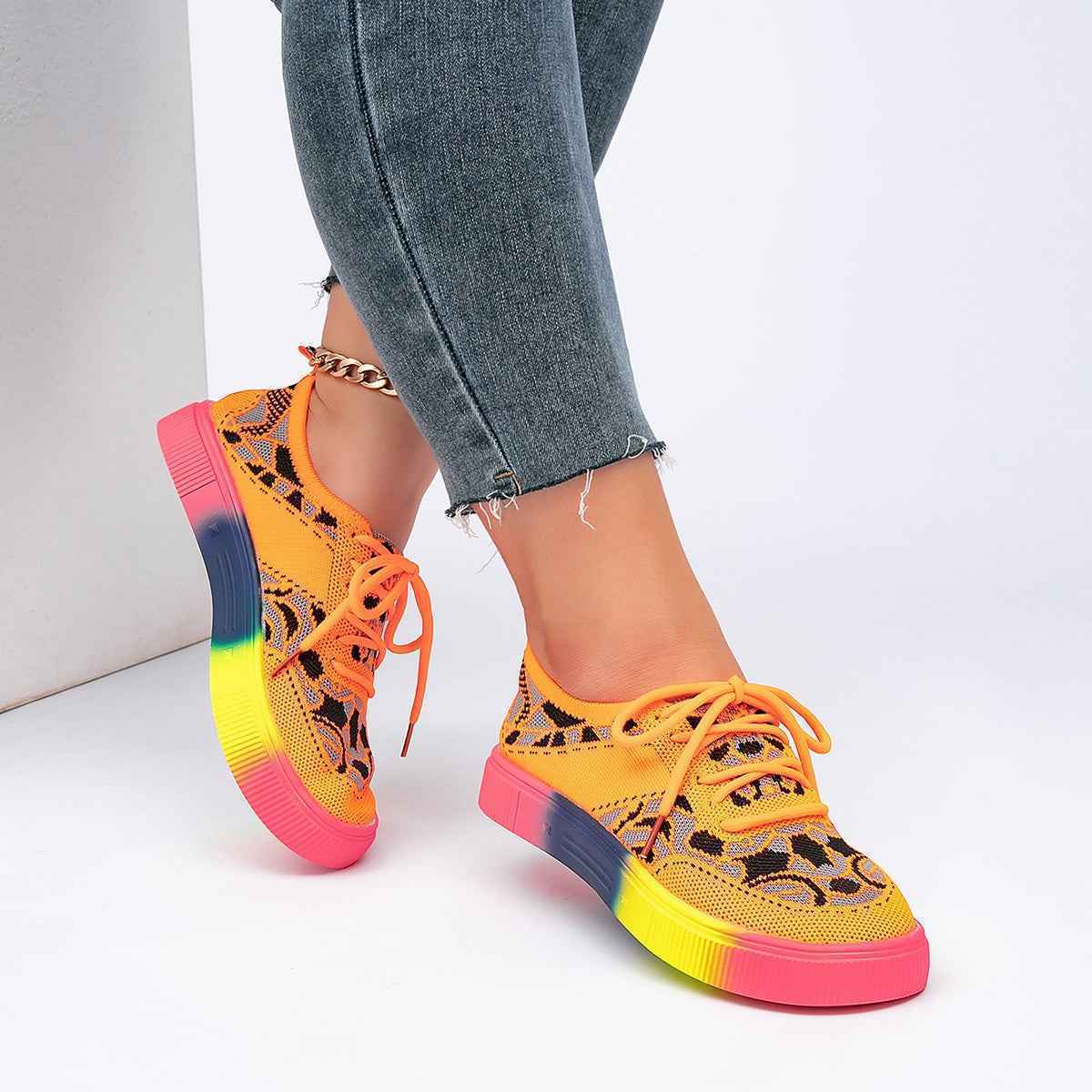 Chunky Sole Lace-Up Sneakers — Floral, Breathable, EU 36–43