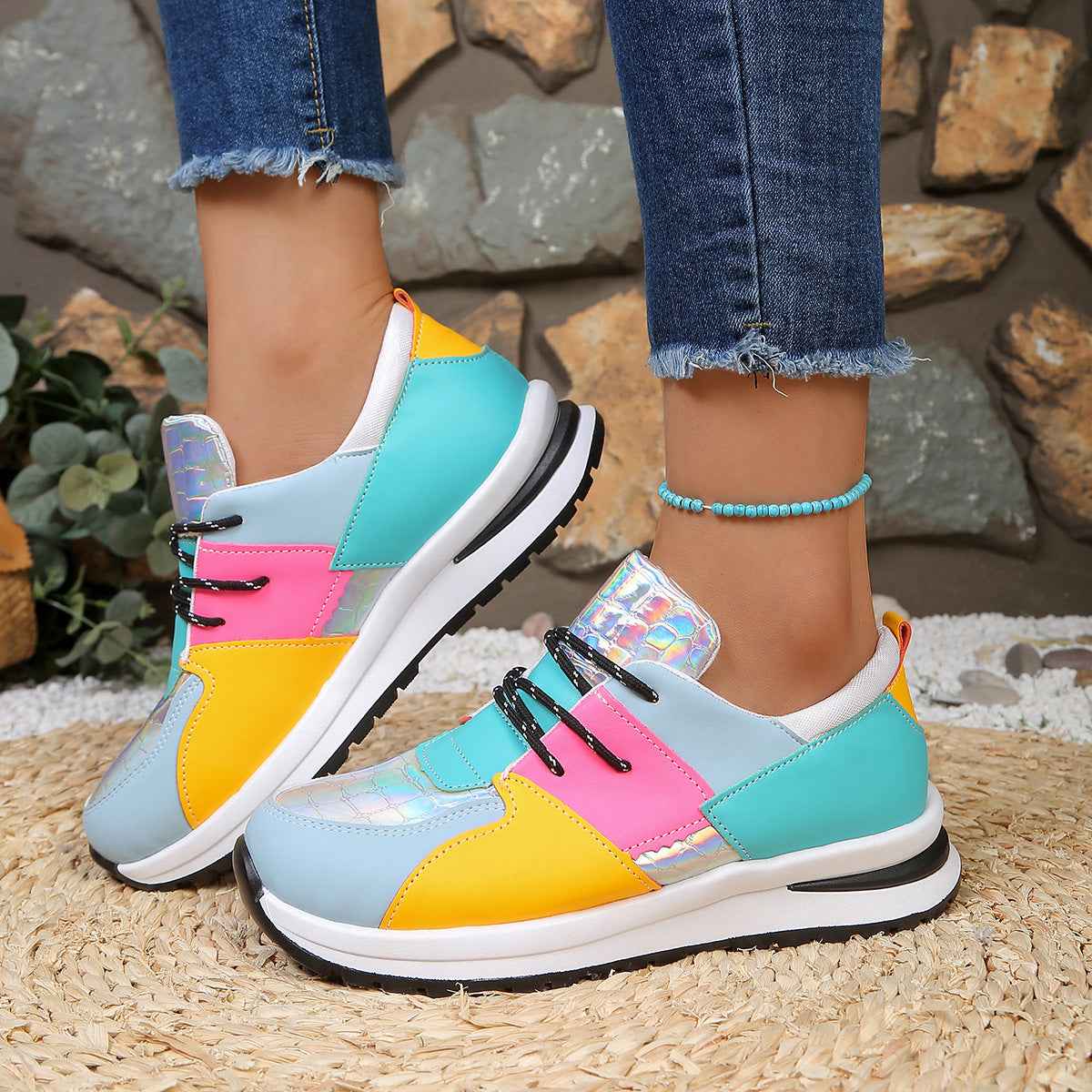 Women's High-Top Platform Sneakers – Leather Color Block & Leopard Print