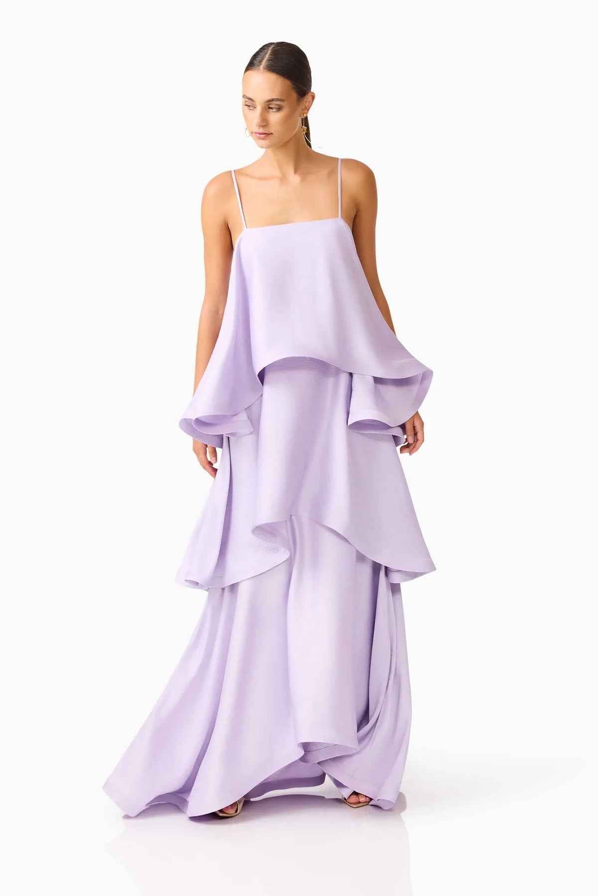 Satin Ruffle-Hem Slip Maxi Dress