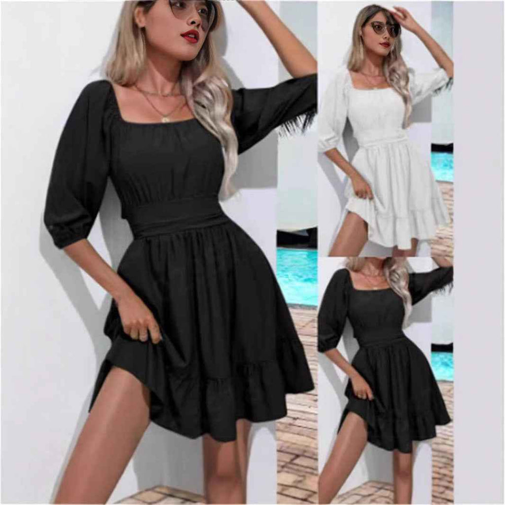 Ruffle Square-Neck Lace-Up Puff Sleeve Maxi Dress — Black & White