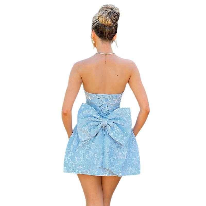 Off-Shoulder High-Waist Jacquard Tube Mini Dress with Bow Accent
