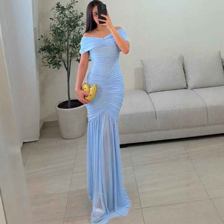Slim Fit Pleated Mesh Patchwork Maxi Dress