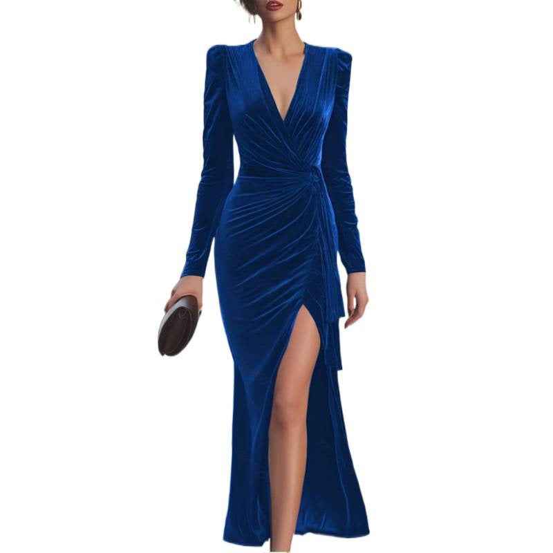 Deep V-Neck Velvet Long-Sleeve Slit Maxi Dress