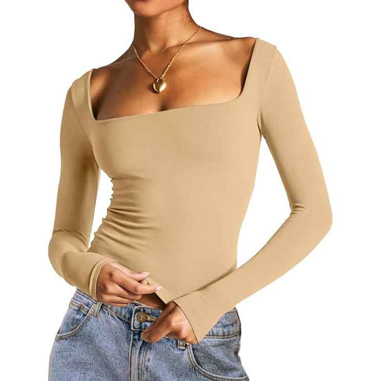 Square Neck Milk Silk Long Sleeve Top – Slim Fit Crop