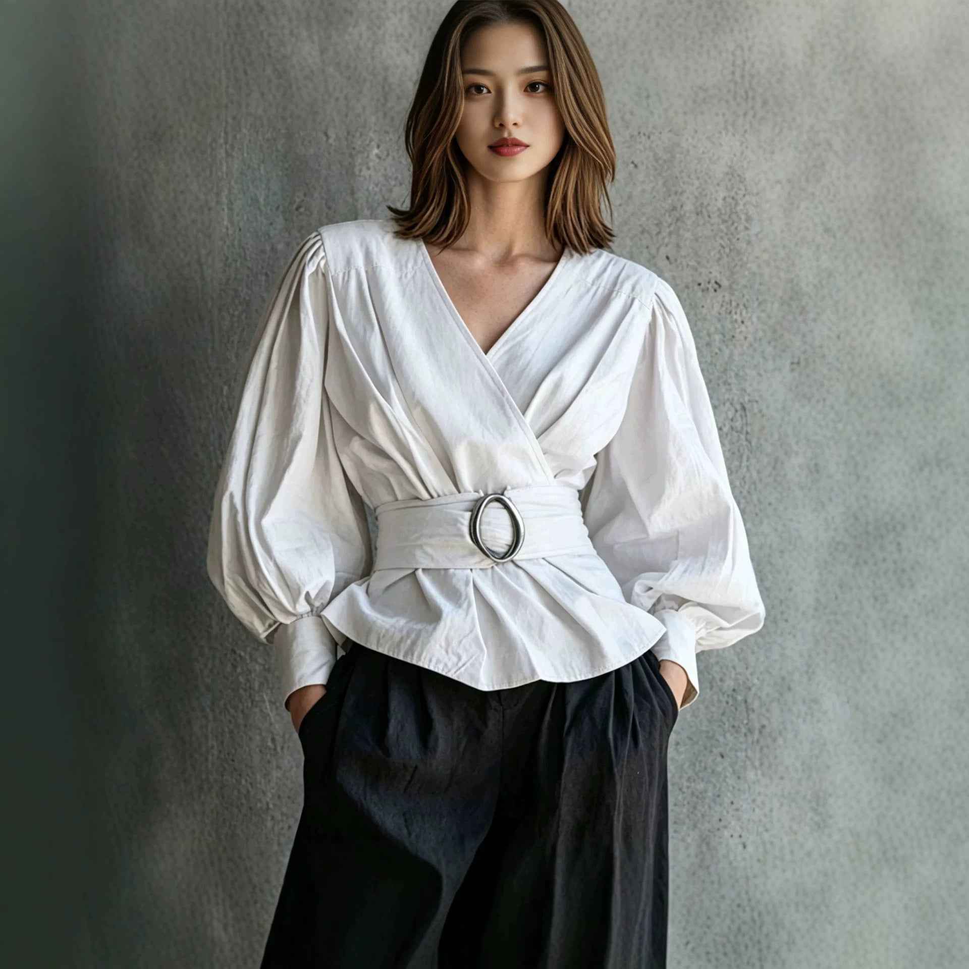 Womens V-neck Blouse With Ruffled Cuffs And Puff Sleeves