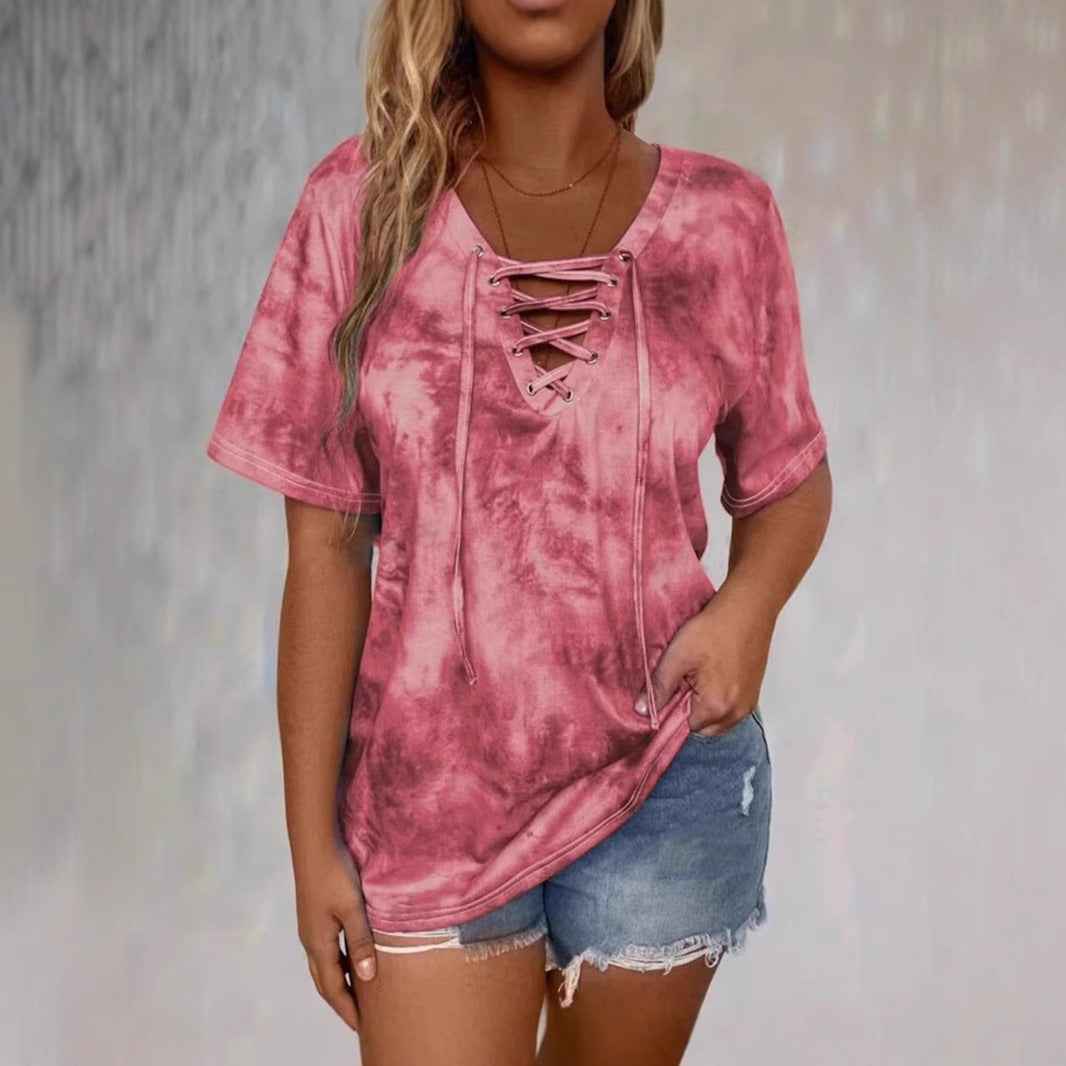 Tie-dye Printed Drawstring Casual Fashion Short-Sleeve T-Shirt